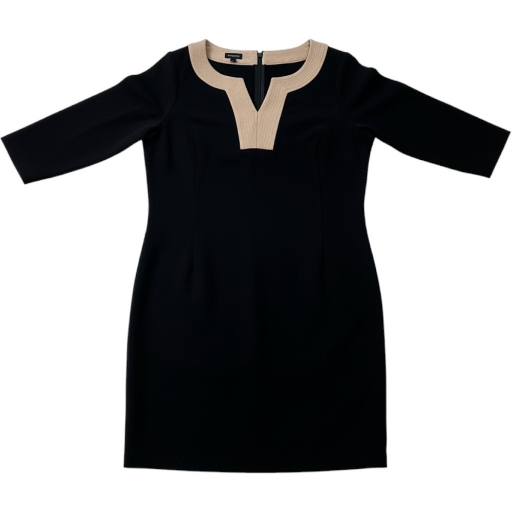 Talbots Women's 6 Black Sheath Dress Tan Contrast Notch V-Neck 3/4 Sleeve Office